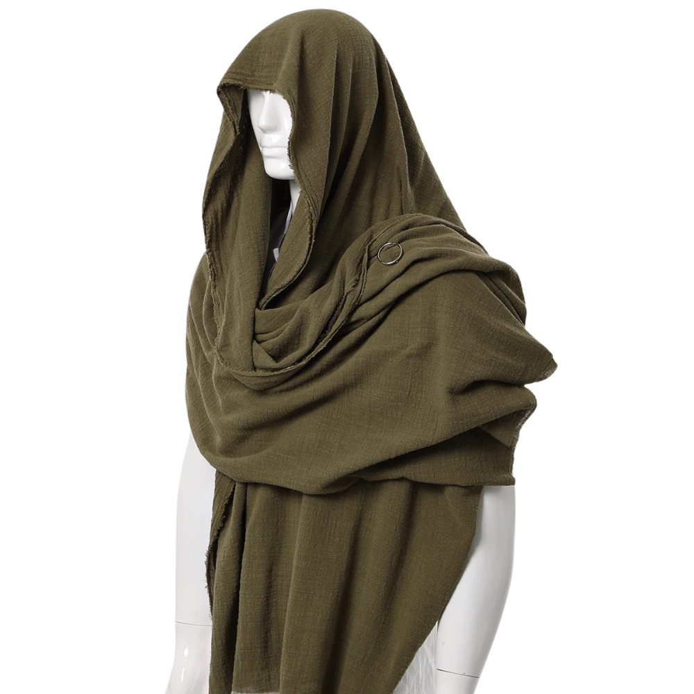Renporium's army green Desert Nomad Shawl, scarf cloak for Renaissance fair wanderer cosplay.