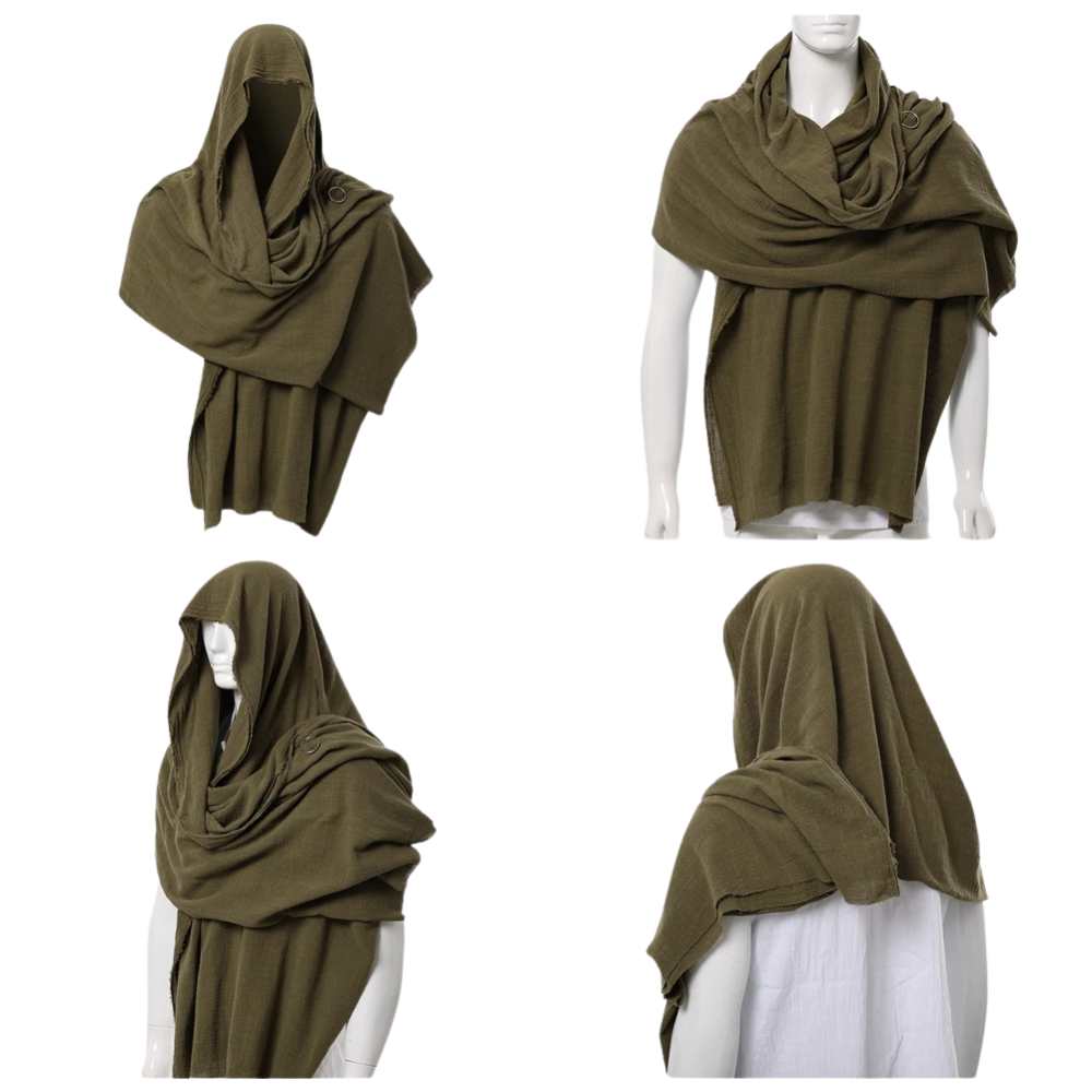 Renporium's army green Desert Nomad Shawl, scarf cloak for Renaissance fair wanderer cosplay.