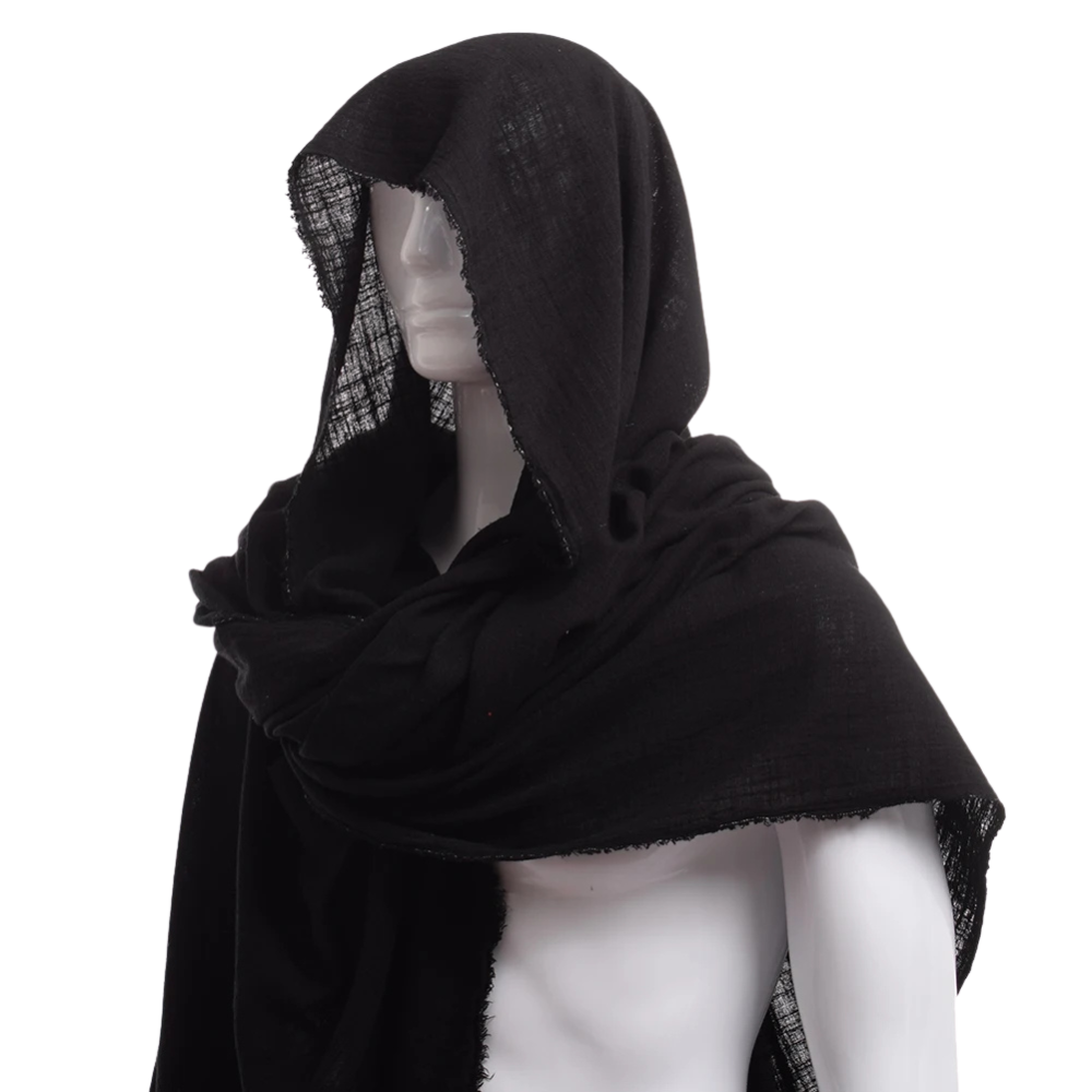 Renporium's black Desert Nomad Shawl, scarf cloak for Renaissance fair wanderer cosplay.