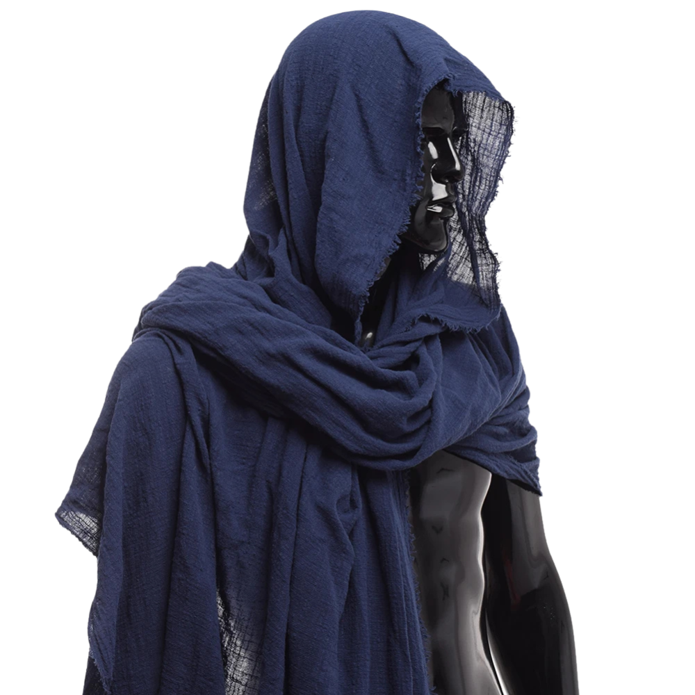 Renporium's blue Desert Nomad Shawl, scarf cloak for Renaissance fair wanderer cosplay.