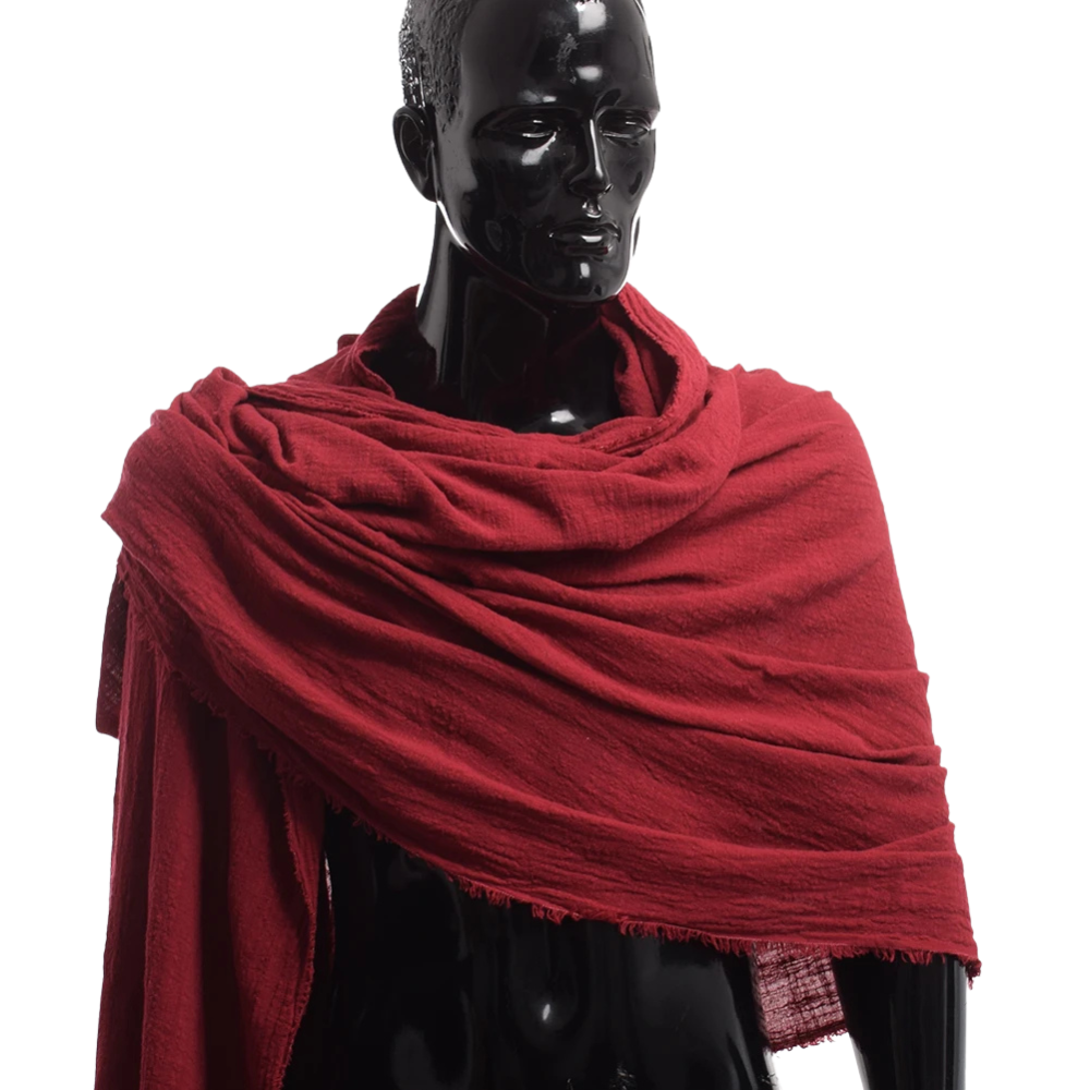 Renporium's burgundy Desert Nomad Shawl, scarf cloak for Renaissance fair wanderer cosplay.