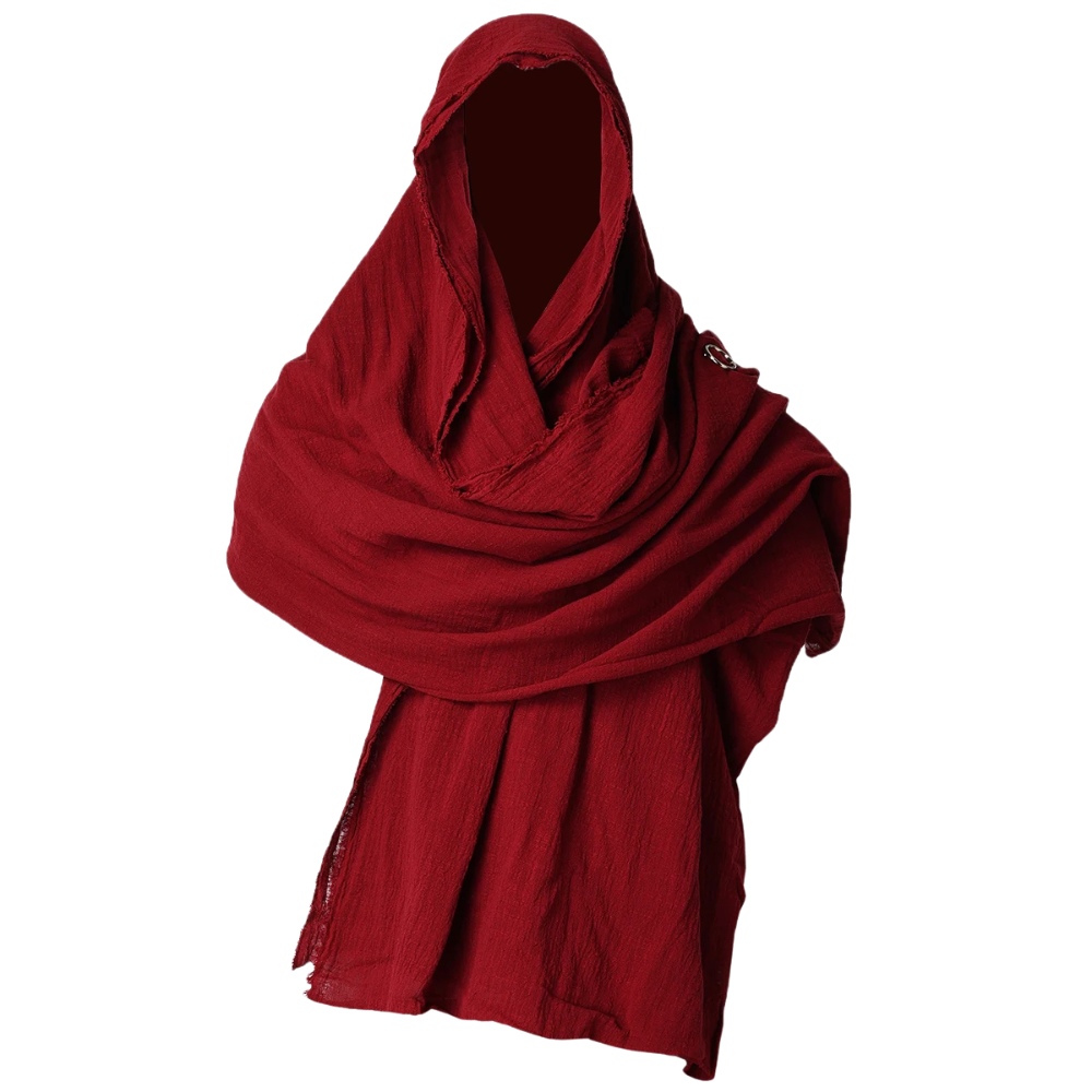 Renporium's burgundy Desert Nomad Shawl, scarf cloak for Renaissance fair wanderer cosplay.