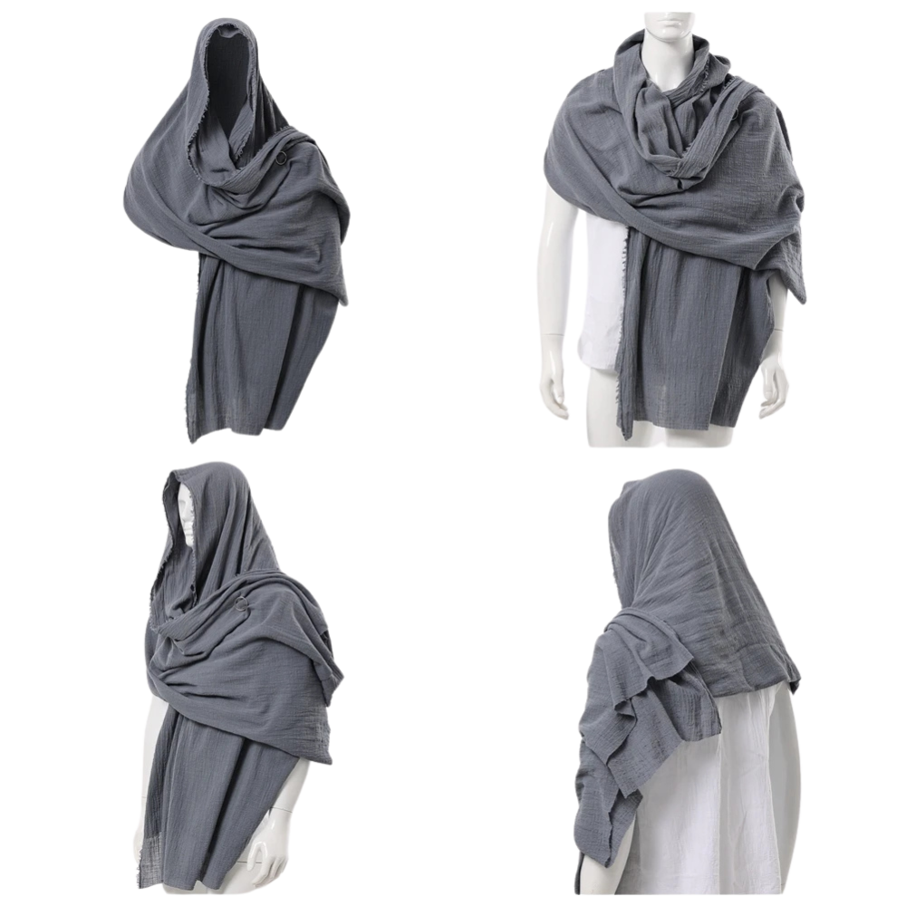 Renporium's gray Desert Nomad Shawl, scarf cloak for Renaissance fair wanderer cosplay.