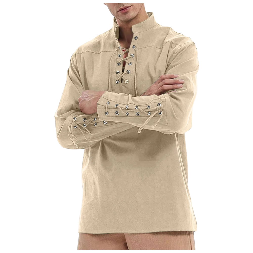 Renporium's beige Medieval Long-sleeve Shirt, lace-up collar and wrist tunic for Viking cosplay and Renaissance fairs and festivals.