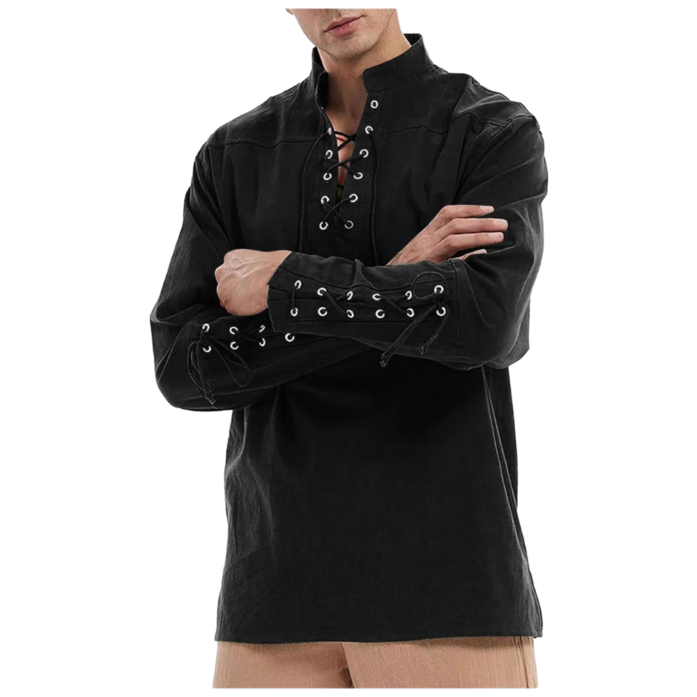 Renporium's black Medieval Long-sleeve Shirt, lace-up collar and wrist tunic for Viking cosplay and Renaissance fairs and festivals.