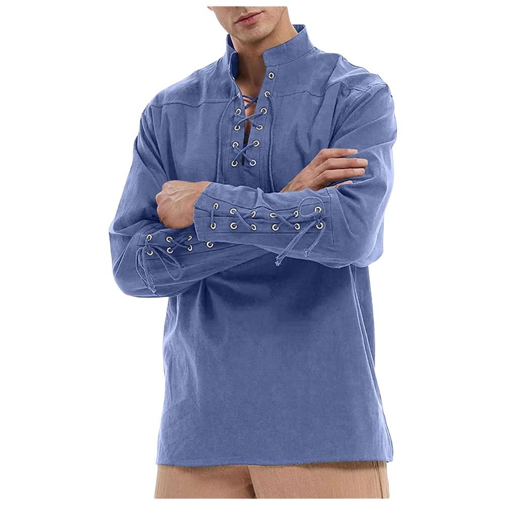 Renporium's blue Medieval Long-sleeve Shirt, lace-up collar and wrist tunic for Viking cosplay and Renaissance fairs and festivals.