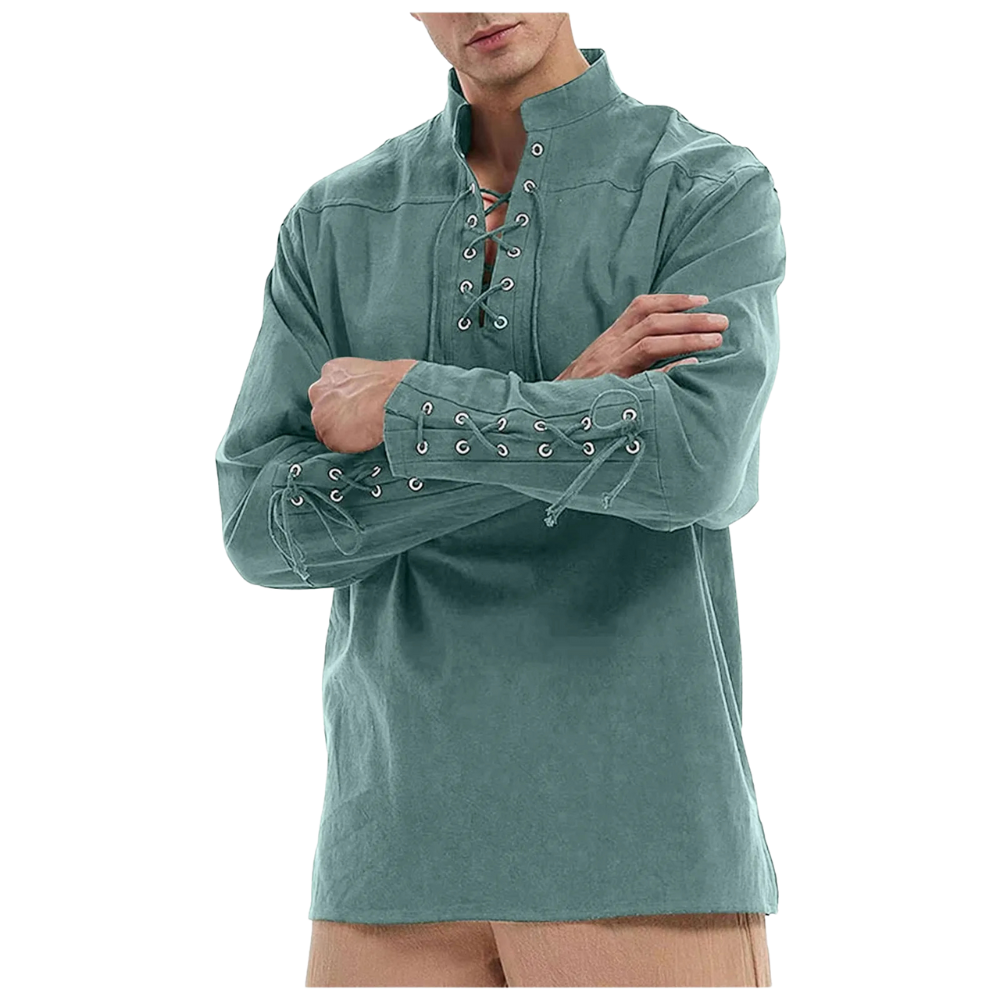 Renporium's green Medieval Long-sleeve Shirt, lace-up collar and wrist tunic for Viking cosplay and Renaissance fairs and festivals.