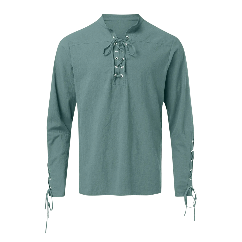 Renporium's green Medieval Long-sleeve Shirt, lace-up collar and wrist tunic for Viking cosplay and Renaissance fairs and festivals.