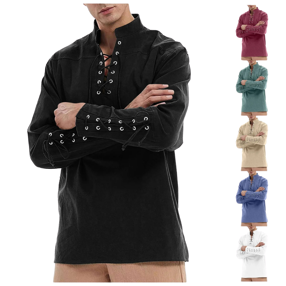Renporium's Medieval Long-sleeve Shirt, lace-up collar and wrist tunic for Viking cosplay and Renaissance fairs and festivals.