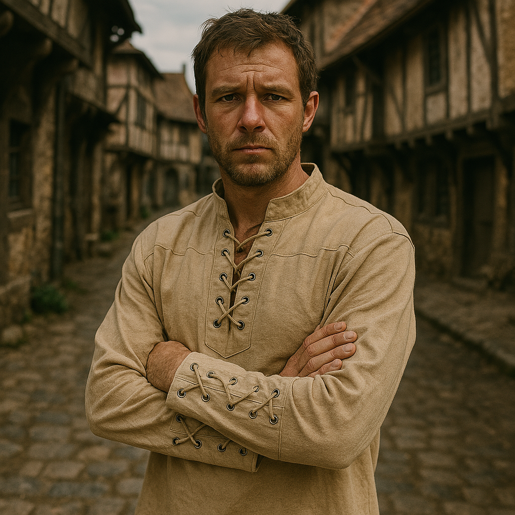 Renporium's beige Medieval Long-sleeve Shirt, lace-up collar and wrist tunic for Viking cosplay and Renaissance fairs and festivals.