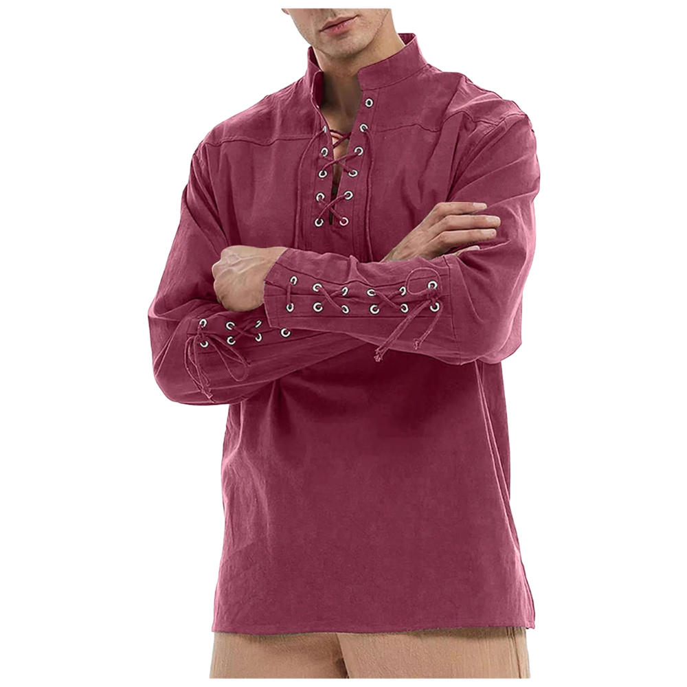 Renporium's red Medieval Long-sleeve Shirt, lace-up collar and wrist tunic for Viking cosplay and Renaissance fairs and festivals.