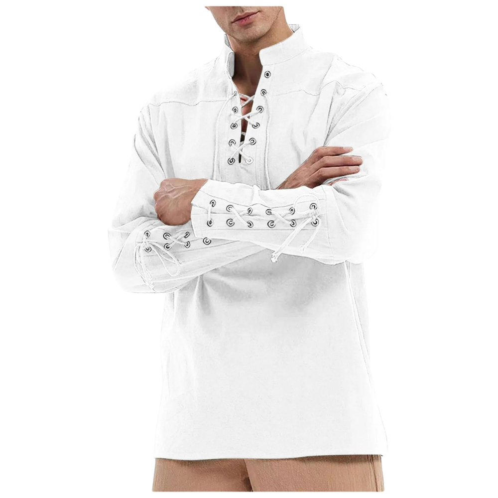 Renporium's white Medieval Long-sleeve Shirt, lace-up collar and wrist tunic for Viking cosplay and Renaissance fairs and festivals.