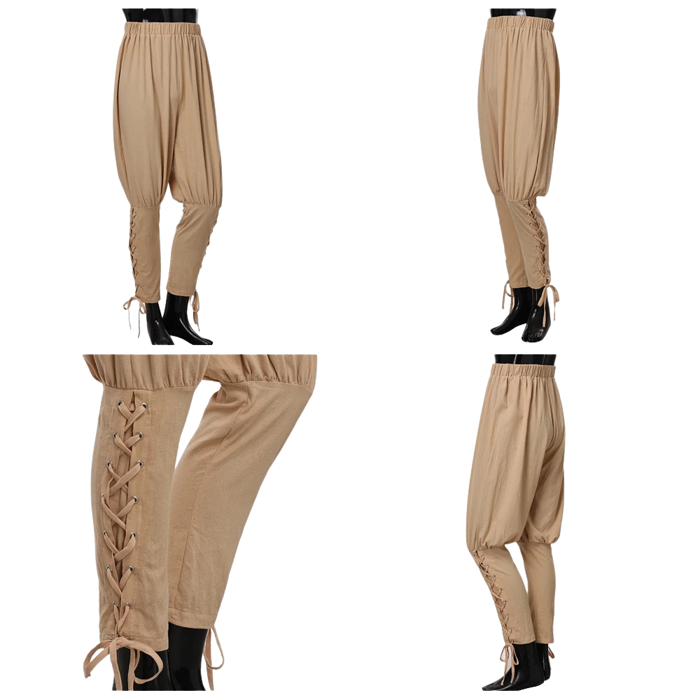 Renporium's beiege Medieval Renaissance Trousers, medieval pants for Renaissance Fairs, loungewear, viking and pirate cosplay.