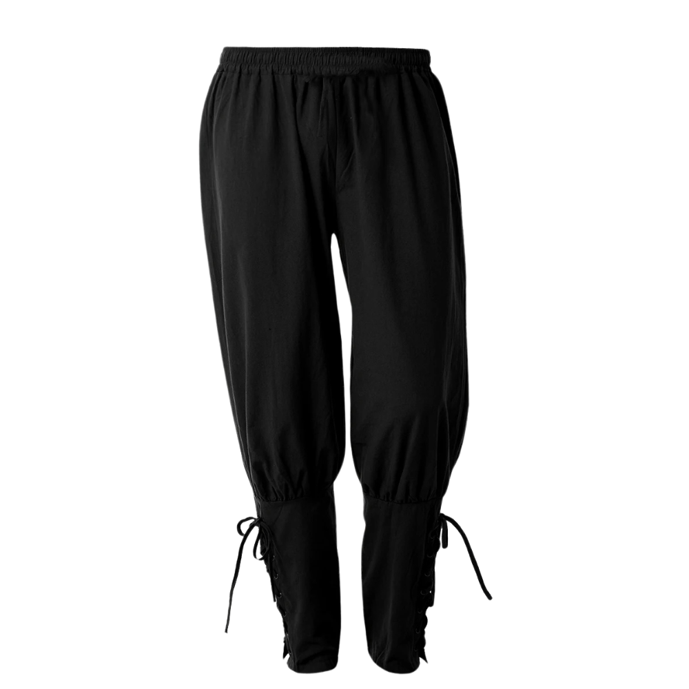 Renporium's black Medieval Renaissance Trousers, medieval pants for Renaissance Fairs, loungewear, viking and pirate cosplay.