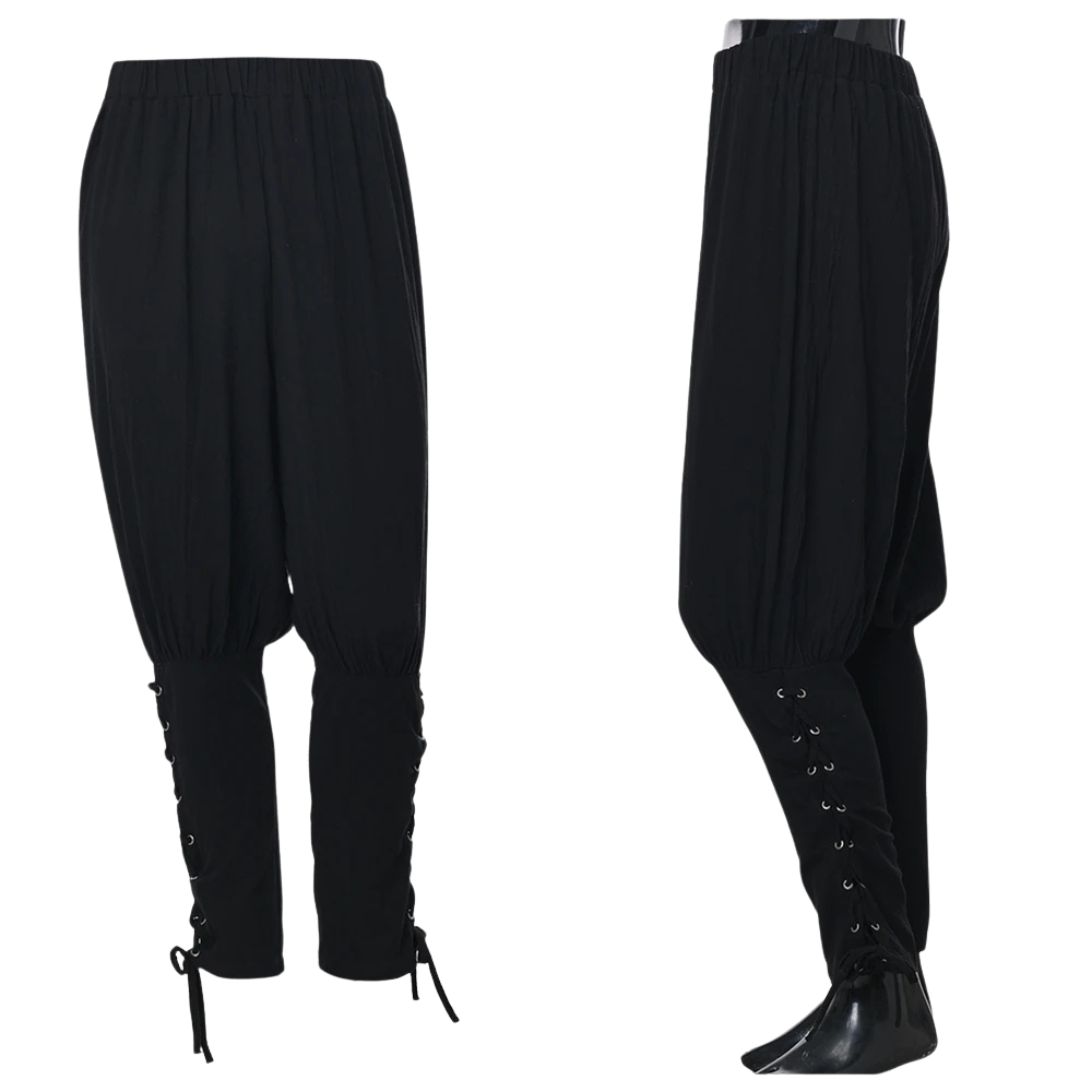 Renporium's black Medieval Renaissance Trousers, medieval pants for Renaissance Fairs, loungewear, viking and pirate cosplay.