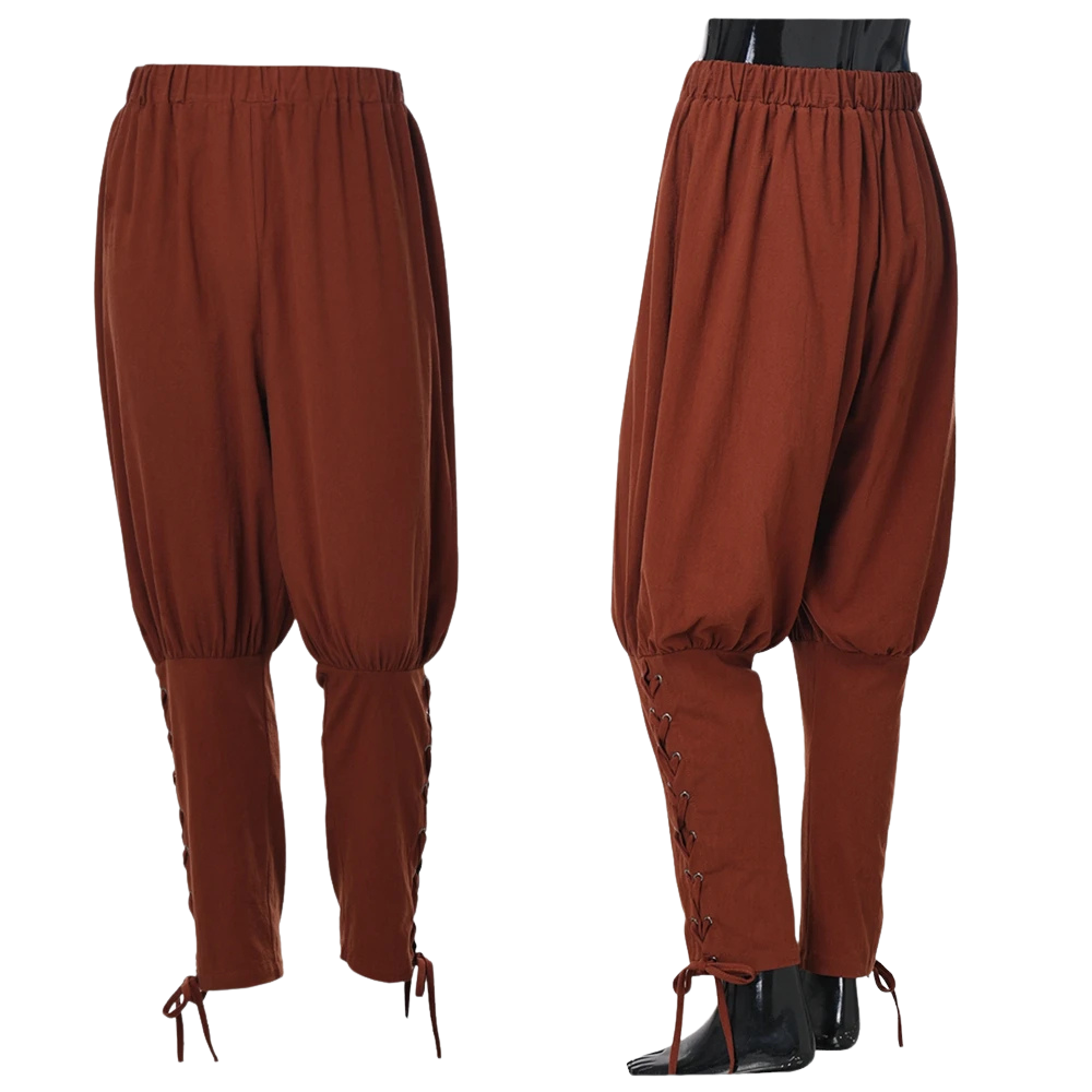 Renporium's brown Medieval Renaissance Trousers, medieval pants for Renaissance Fairs, loungewear, viking and pirate cosplay.