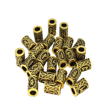 Gold Viking beard rings with engraved rune characters. Useful for beards, hair, or as beads for jewelry.