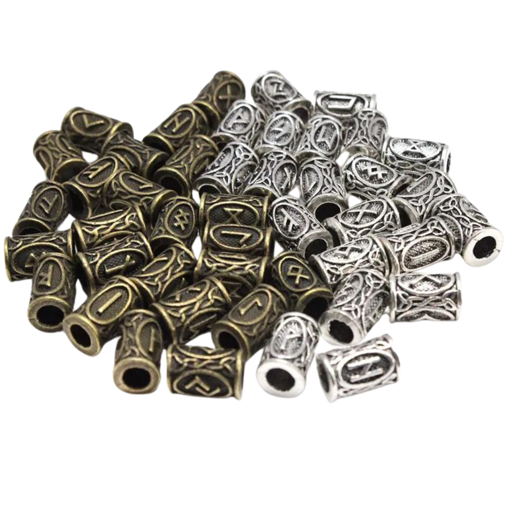 Bronze and silver Viking beard rings with engraved rune characters. Useful for beards, hair, or as beads for jewelry.