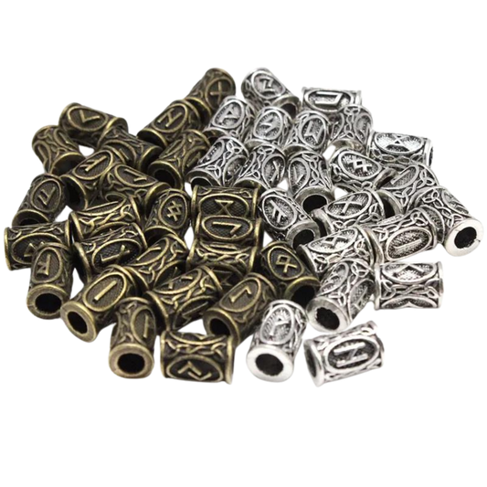 Bronze and silver Viking beard rings with engraved rune characters. Useful for beards, hair, or as beads for jewelry.