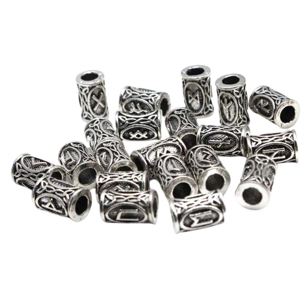 Silver Viking beard rings with engraved rune characters. Useful for beards, hair, or as beads for jewelry.