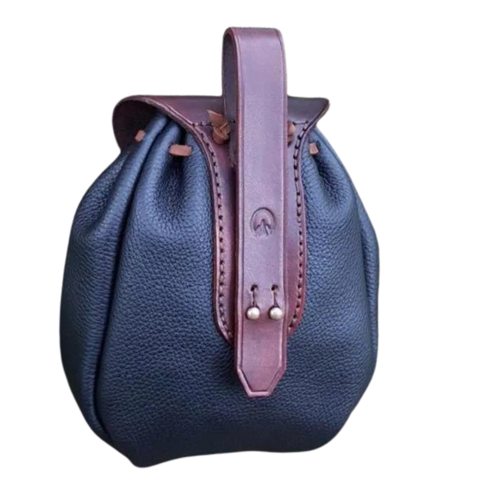 Navy blue faux leather drawstring pouch for belts