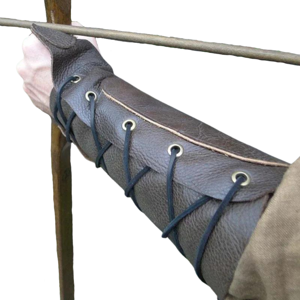 Brown laced bracer on archer's forearm, view of laces, ideal for medieval renaissance faire outfits.