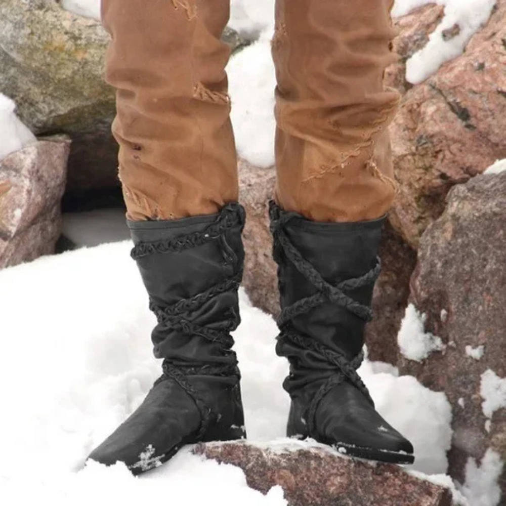 Black berserker Viking boots with strap. Ideal for Renaissance fairs and festivals.