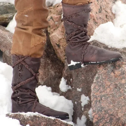 Brown berserker Viking boots with strap. Ideal for Renaissance fairs and festivals.