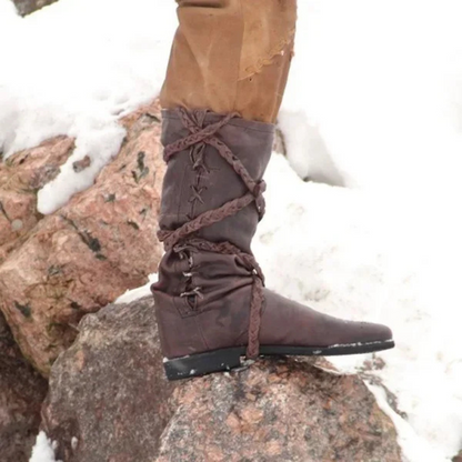 Brown berserker Viking boots with strap. Ideal for Renaissance fairs and festivals.