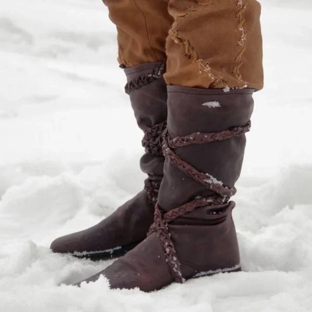 Brown berserker Viking boots with strap. Ideal for Renaissance fairs and festivals.