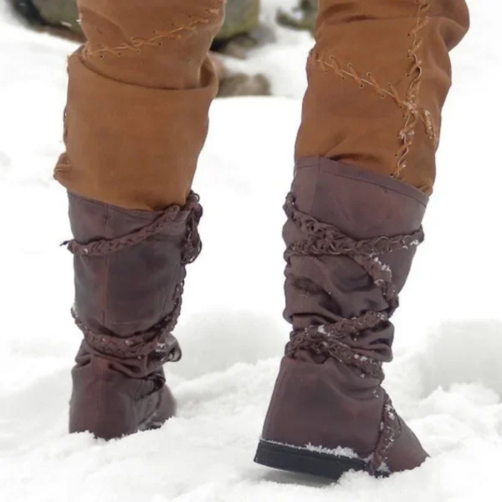 Brown berserker Viking boots with strap. Ideal for Renaissance fairs and festivals.