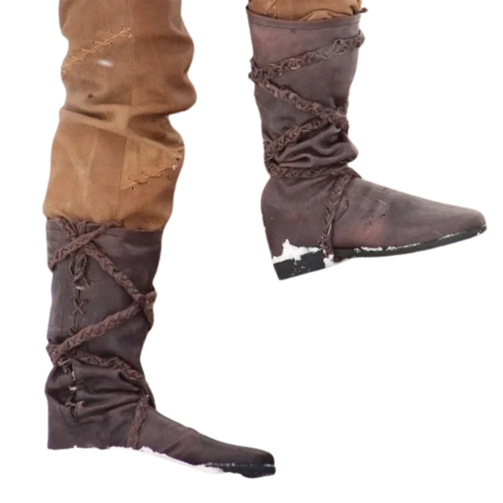 Brown berserker Viking boots with strap. Ideal for Renaissance fairs and festivals.