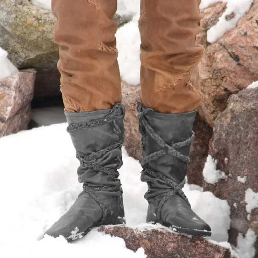 Gray berserker Viking boots with strap. Ideal for Renaissance fairs and festivals.