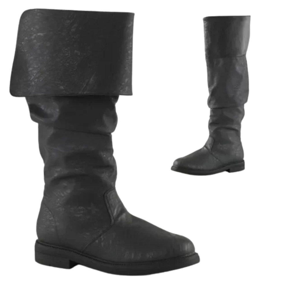 Black Buccaneer's Foldover Boots, ideal for pirate cosplay or general walking boots at Renaissance fairs.