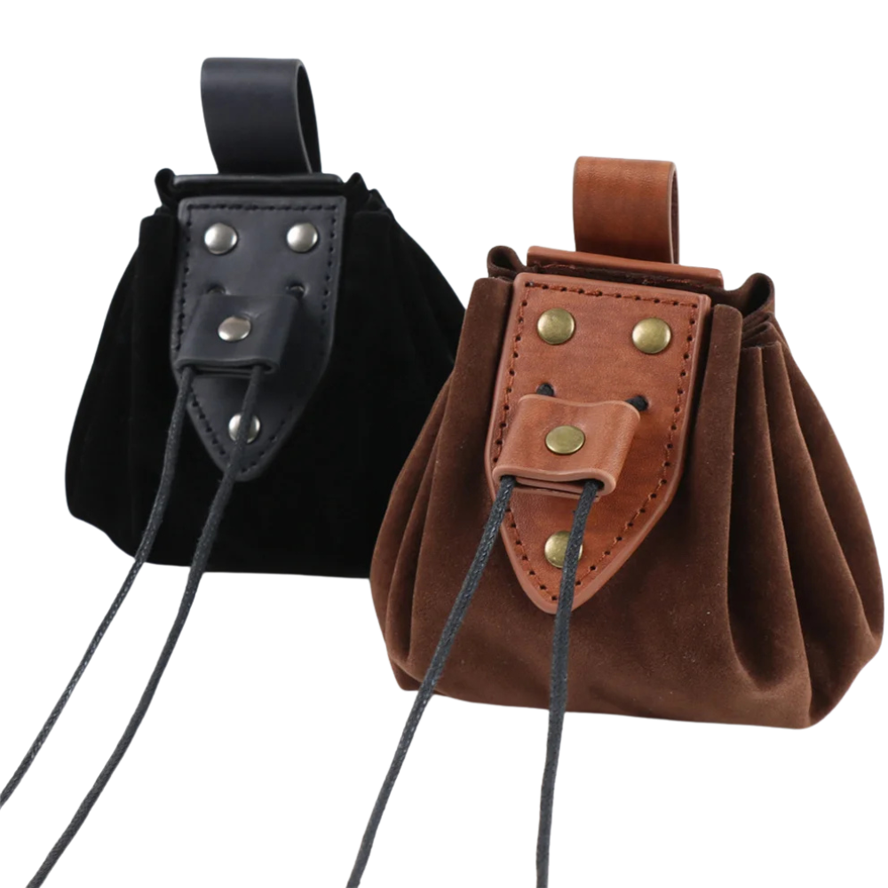 Black and brown suede pouches, perfect belt accessory for Renaissance fair and festival garb.