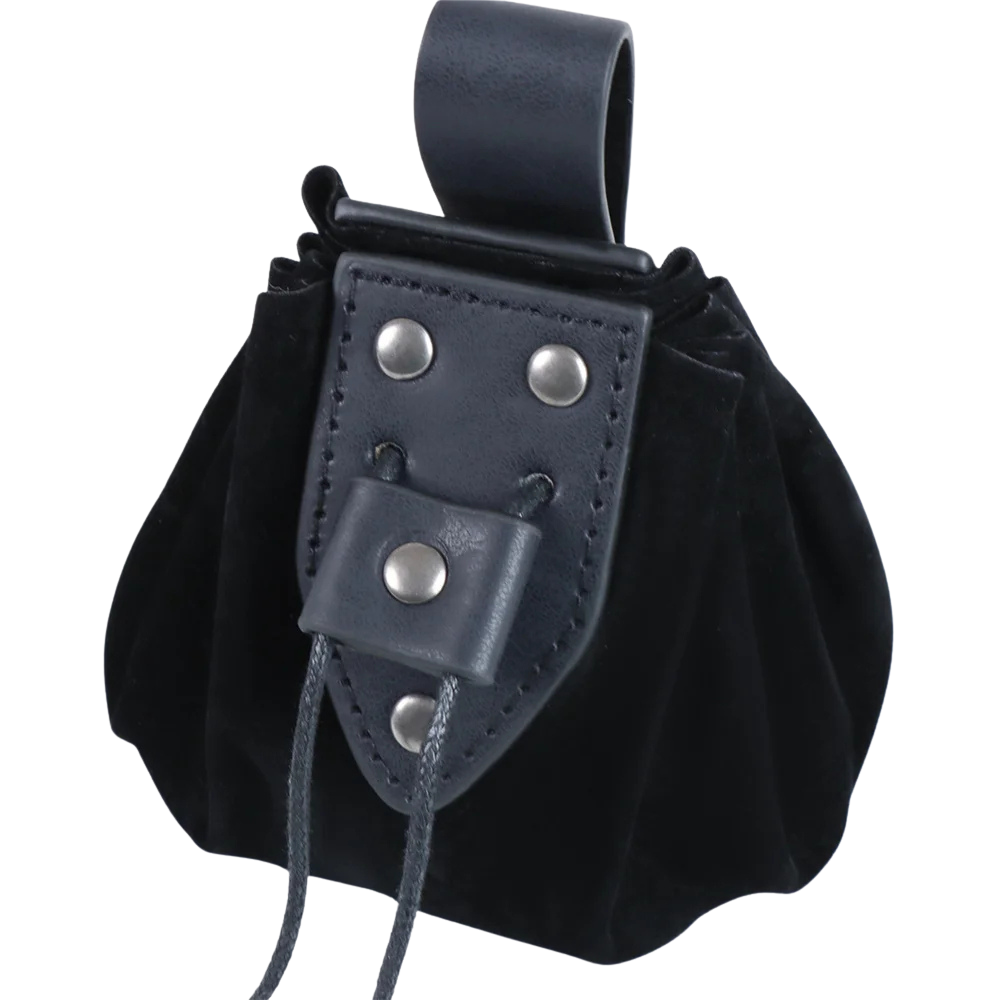 Black suede pouch, perfect belt accessory for Renaissance fair and festival garb.