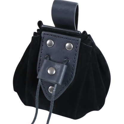 Black suede pouch, perfect belt accessory for Renaissance fair and festival garb.