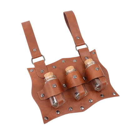 Brown faux leather potion holster, perfect Alchemist belt accessory for Renaissance fair and festival garb.