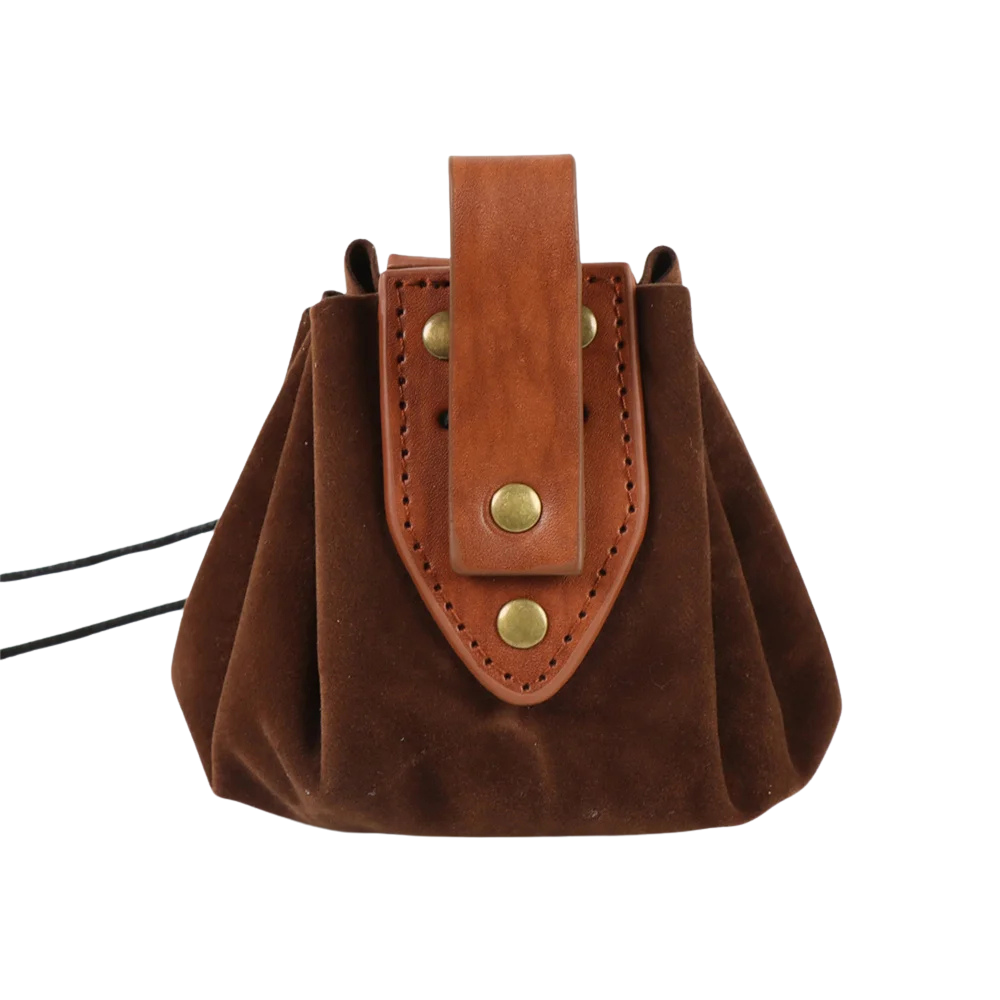 Brown suede pouch, perfect belt accessory for Renaissance fair and festival garb.