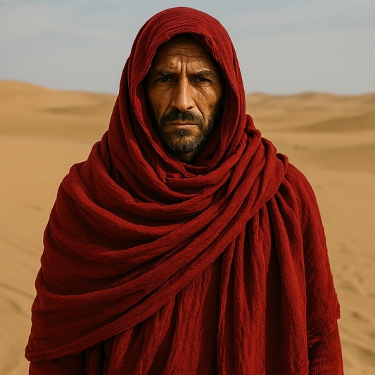 Renporium's burgundy Desert Nomad Shawl, scarf cloak for Renaissance fair wanderer cosplay.