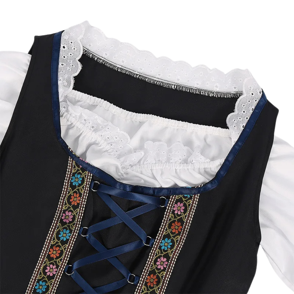 Close up of Renporium's Maiden's Velvet Lace-Up Oktoberfest Dirndl; Bavarian beer maiden apparel great for Oktoberfest events.