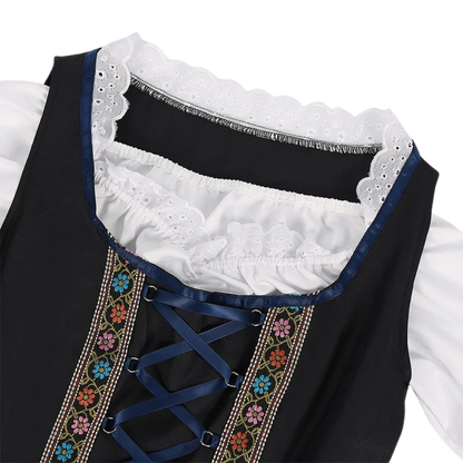 Close up of Renporium's Maiden's Velvet Lace-Up Oktoberfest Dirndl; Bavarian beer maiden apparel great for Oktoberfest events.