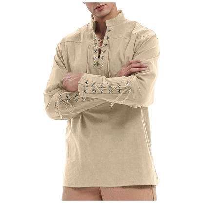 Renporium's beige Medieval Long-sleeve Shirt, lace-up collar and wrist tunic for Viking cosplay and Renaissance fairs and festivals.