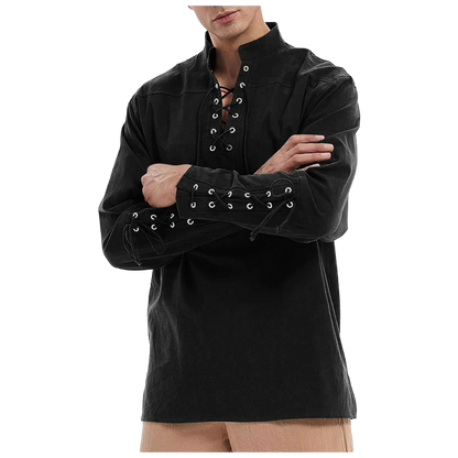 Renporium's black Medieval Long-sleeve Shirt, lace-up collar and wrist tunic for Viking cosplay and Renaissance fairs and festivals.