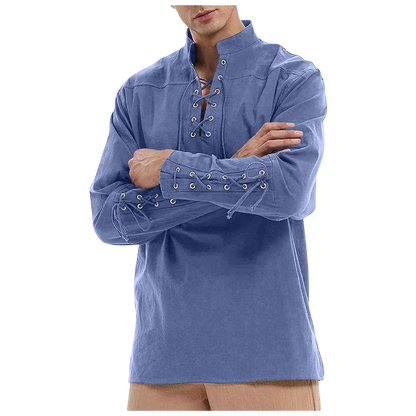 Renporium's blue Medieval Long-sleeve Shirt, lace-up collar and wrist tunic for Viking cosplay and Renaissance fairs and festivals.