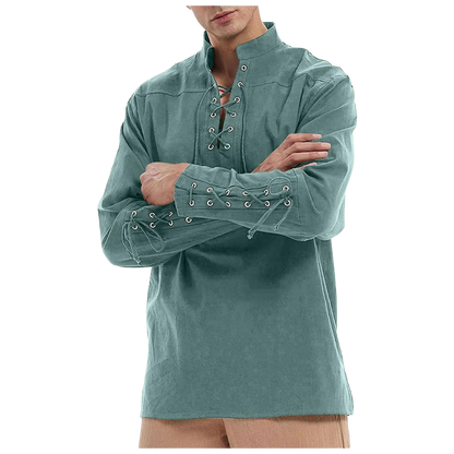 Renporium's green Medieval Long-sleeve Shirt, lace-up collar and wrist tunic for Viking cosplay and Renaissance fairs and festivals.