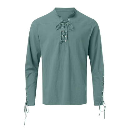Renporium's green Medieval Long-sleeve Shirt, lace-up collar and wrist tunic for Viking cosplay and Renaissance fairs and festivals.