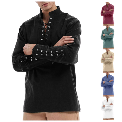 Renporium's Medieval Long-sleeve Shirt, lace-up collar and wrist tunic for Viking cosplay and Renaissance fairs and festivals.