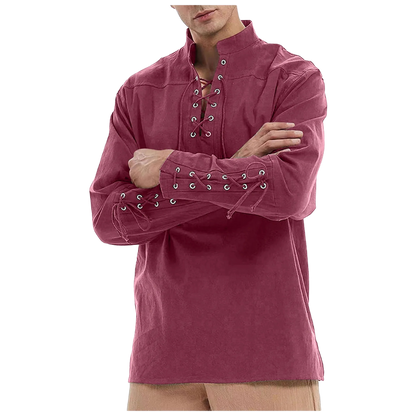 Renporium's red Medieval Long-sleeve Shirt, lace-up collar and wrist tunic for Viking cosplay and Renaissance fairs and festivals.