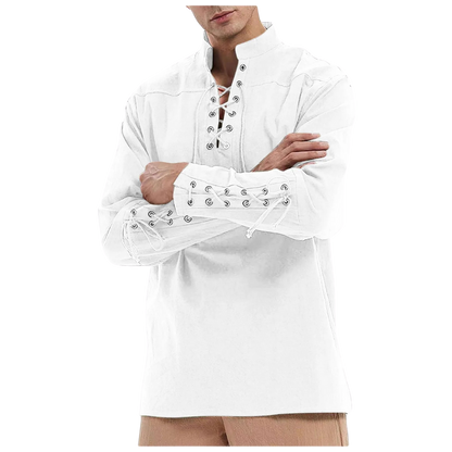 Renporium's white Medieval Long-sleeve Shirt, lace-up collar and wrist tunic for Viking cosplay and Renaissance fairs and festivals.